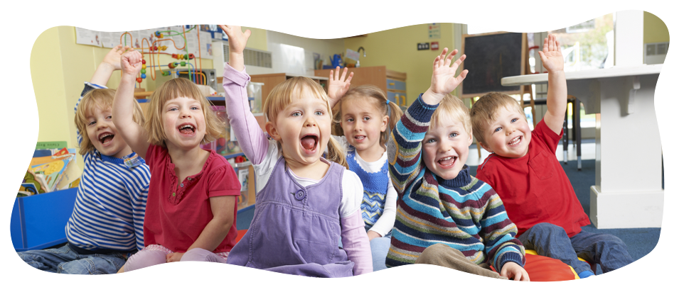 group of preschoolers raising their hands